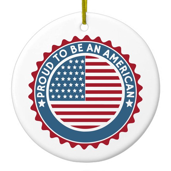 DistinctInk Hanging Ceramic Christmas Ornament - Proud to be an American - Gold String, 2-3/4 inch Diameter