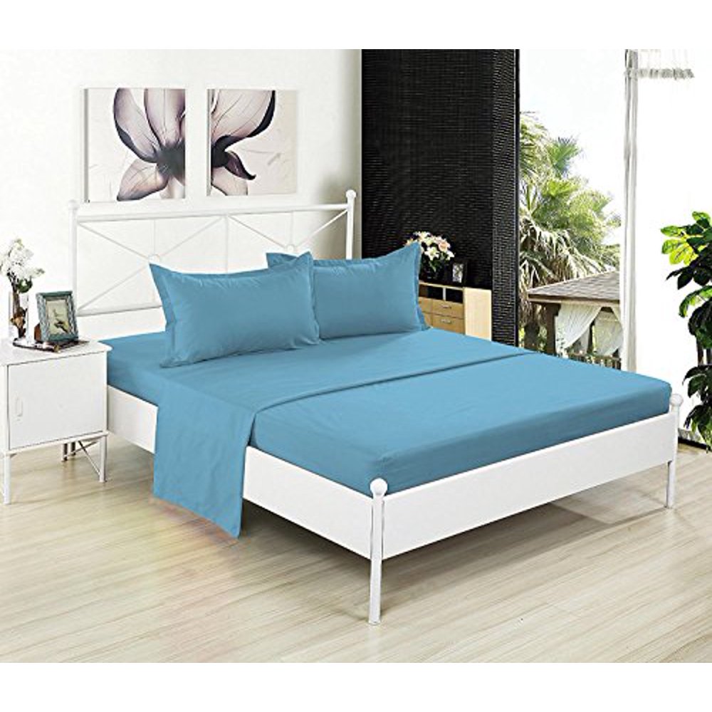 Queen Flat Sheet Only Soft & Comfy 100 Cotton By Crescent Bedding (Queen , Light Blue