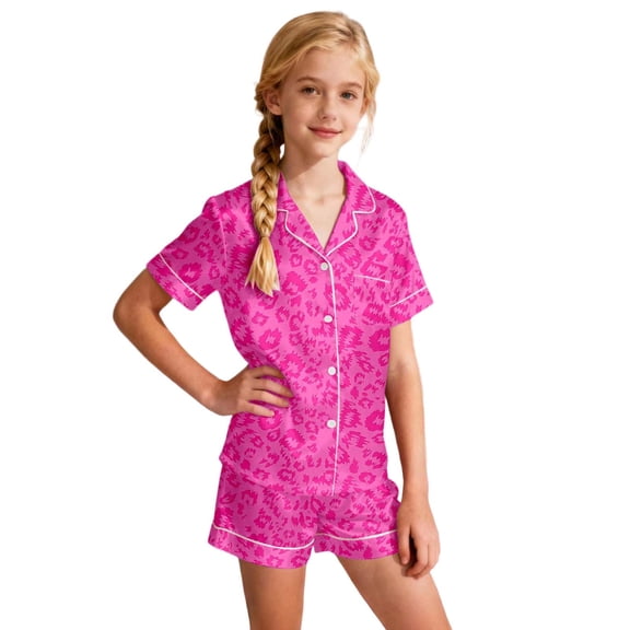 Girl Pajamas Leopard Print Valentines Pajama Set Short Sleeve Button Down Top and Shorts Two Piece Sleepwear for Kids Hot Pink 2 Years-3 Years