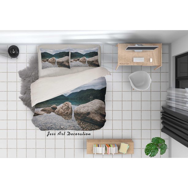 3D Bosque Río Piedra Naturaleza Paisaje Funda de edredón Set Ropa de Cama Funda Nórdica