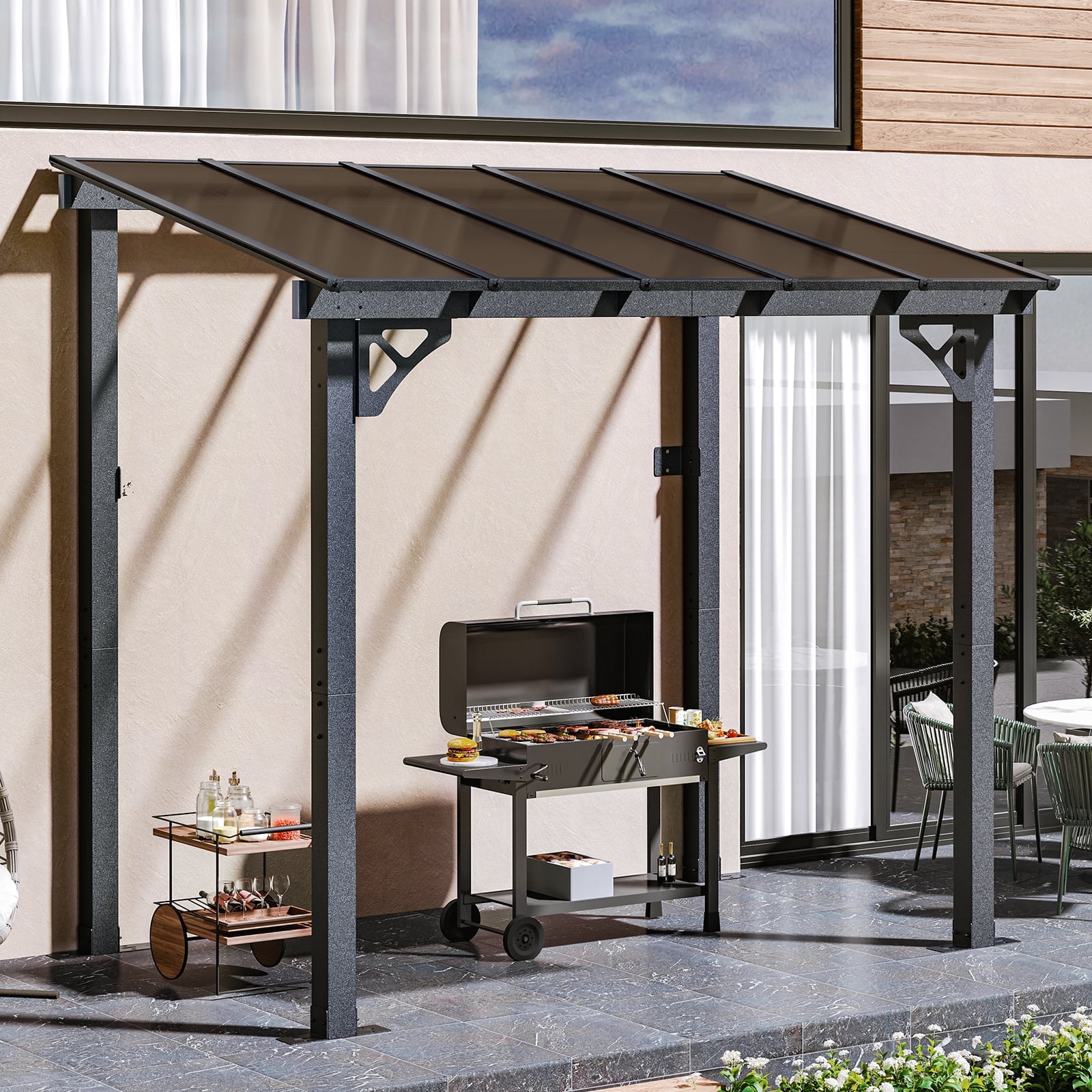 Aoxun 8' x 5' Gazebo for Patio, Gazebo Pergola with Sloped Roof, Grill Gazebo Large Wall-Mounted Heavy Duty Awnings, for Backyard, Deck, Patio