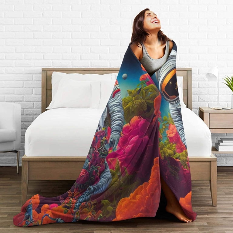 Flower Planet Astronaut Blanket, Fluffy Soft Cozy Blanket Flannel