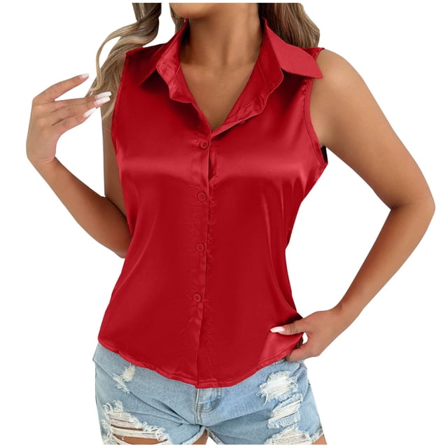Débardeurs en Satin Sans Manches pour Femmes, Couleur Unie Décontractée Col en V Classique, Blouse à Col Rabattu pour Travail Bureau Shapewear Débardeurs pour Femmes TG