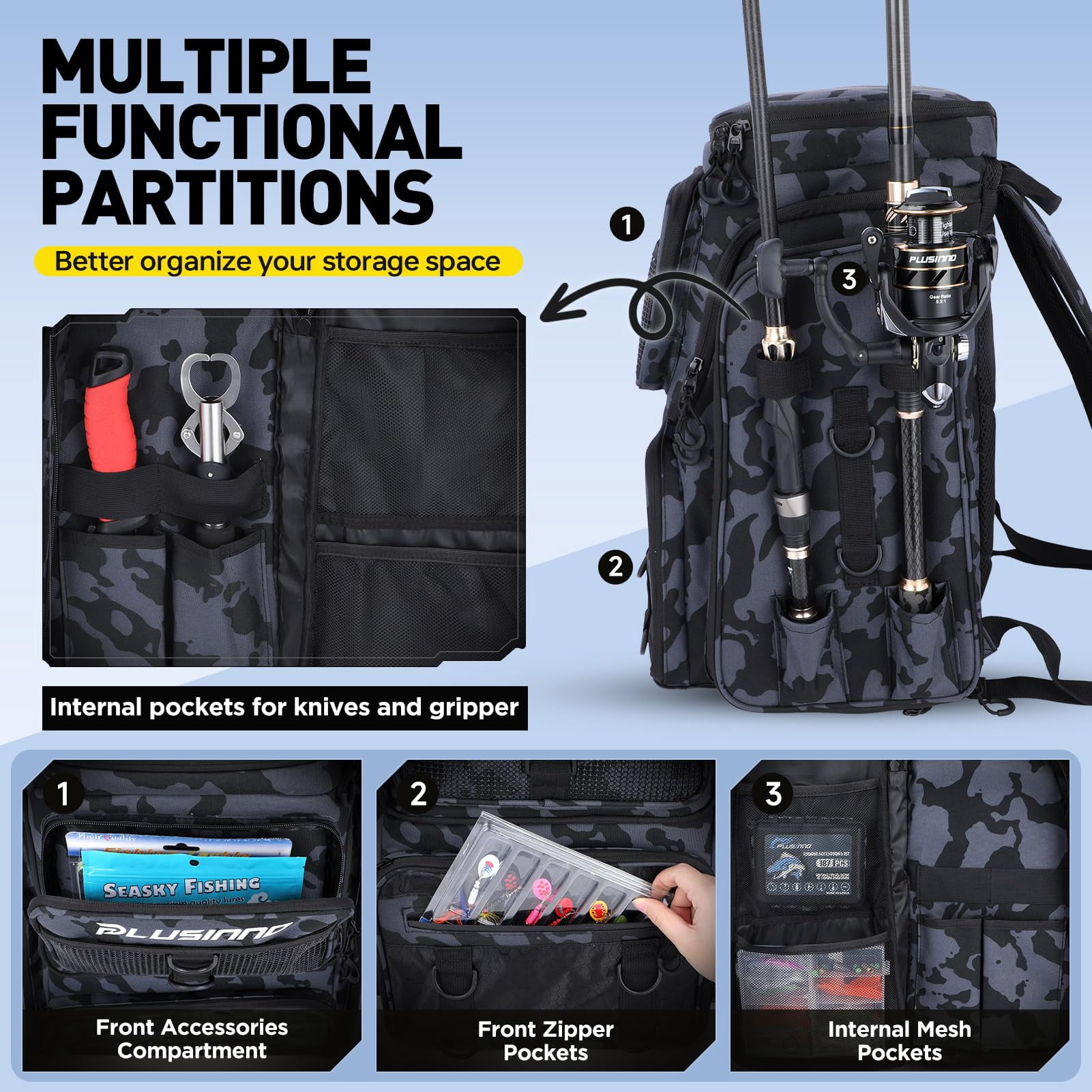 Fishing Backpack With Rod Holders  42l Large Water-resistant Tackle Bag For Camping Hiking Gifts - Black Camo (4 Boxes)