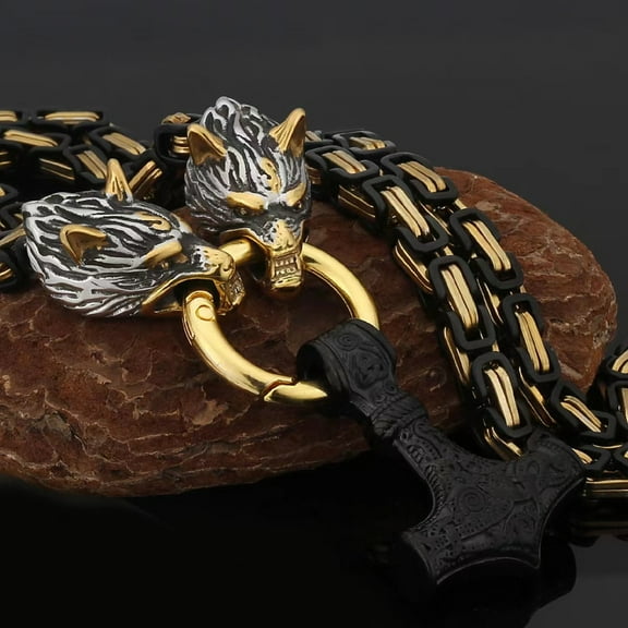 Men's 316L stainless steel chain, emperor hammer amulet pendant, wolf head necklace, punk rock style, magnetic unknown, alloy, fashion jewelry accessories,Black