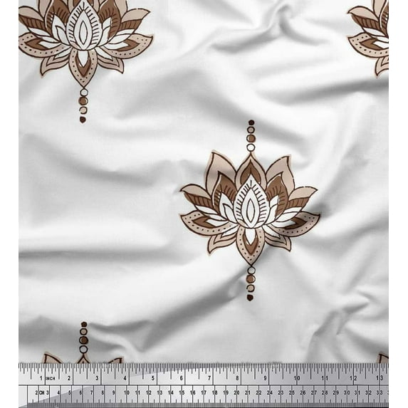 Soimoi Silk Fabric Dot & Lotus Block Print Fabric by Yard 42 Inch Wide