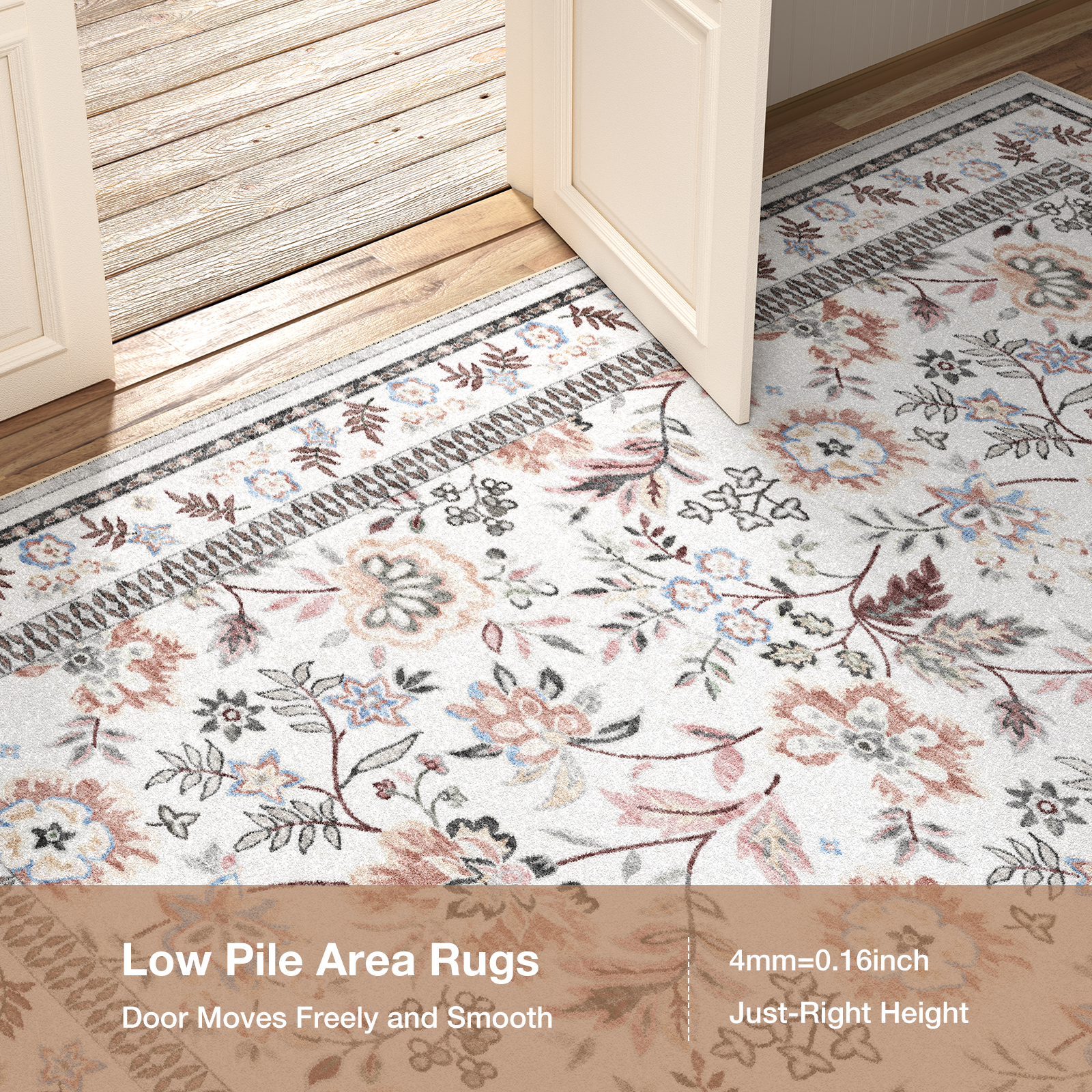 Washable Area Rug for Living Room, NovDeco 8'x10' Boho Khaki Floral Print Indoor Rug, Soft Low Pile & Stain Resistant Carpet for Bedroom Dining Room