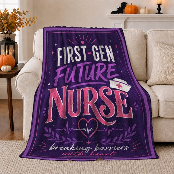 First-Gen Future Nurse Motivational Graduation, Cozy Typography Art Scene, Warm Flannel Blanket for Living Room and Reading Nook, Art Lovers Encouragement Gift, Artistic Home Decor