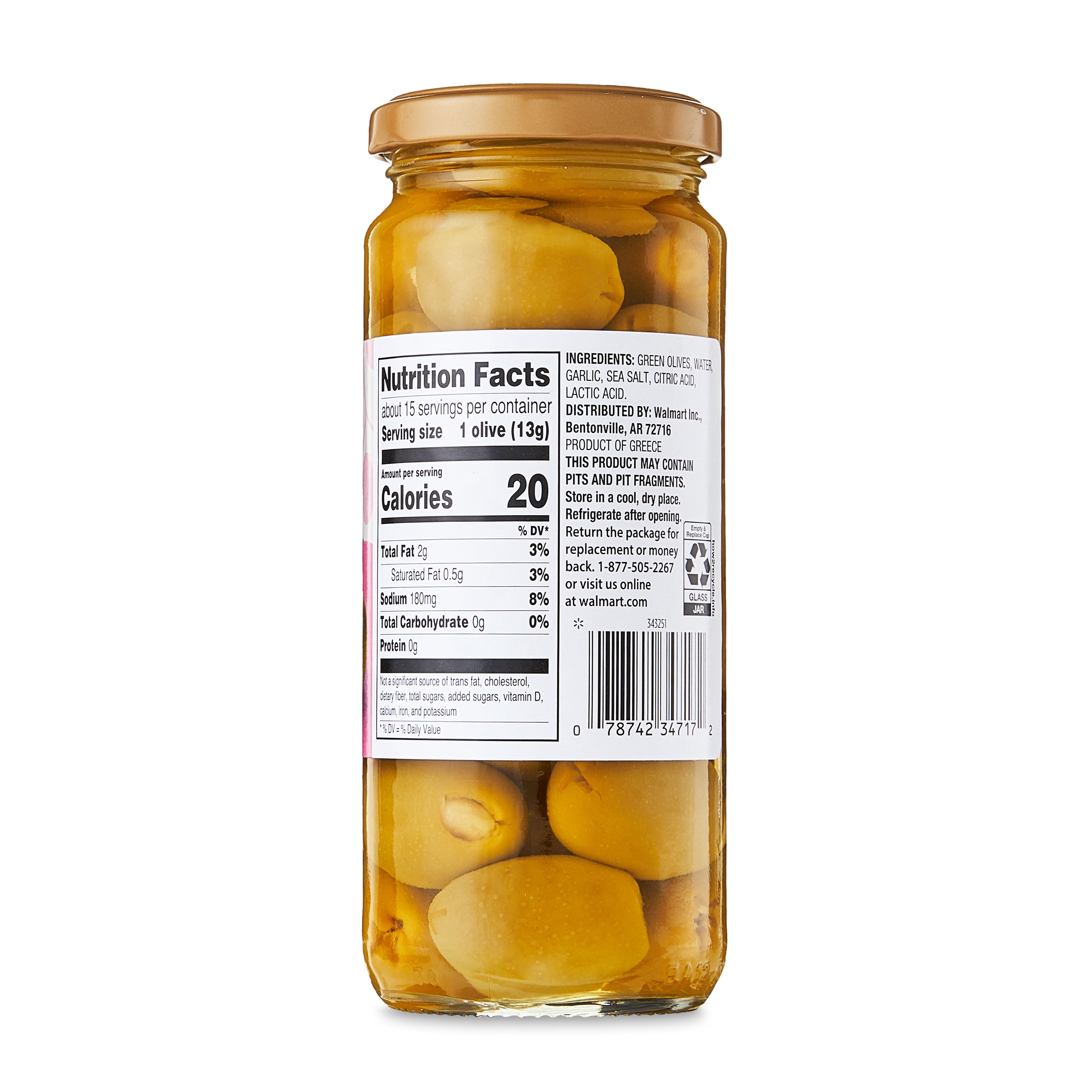 Great Value Stuffed Garlic Green Olives, 7 oz Jar
