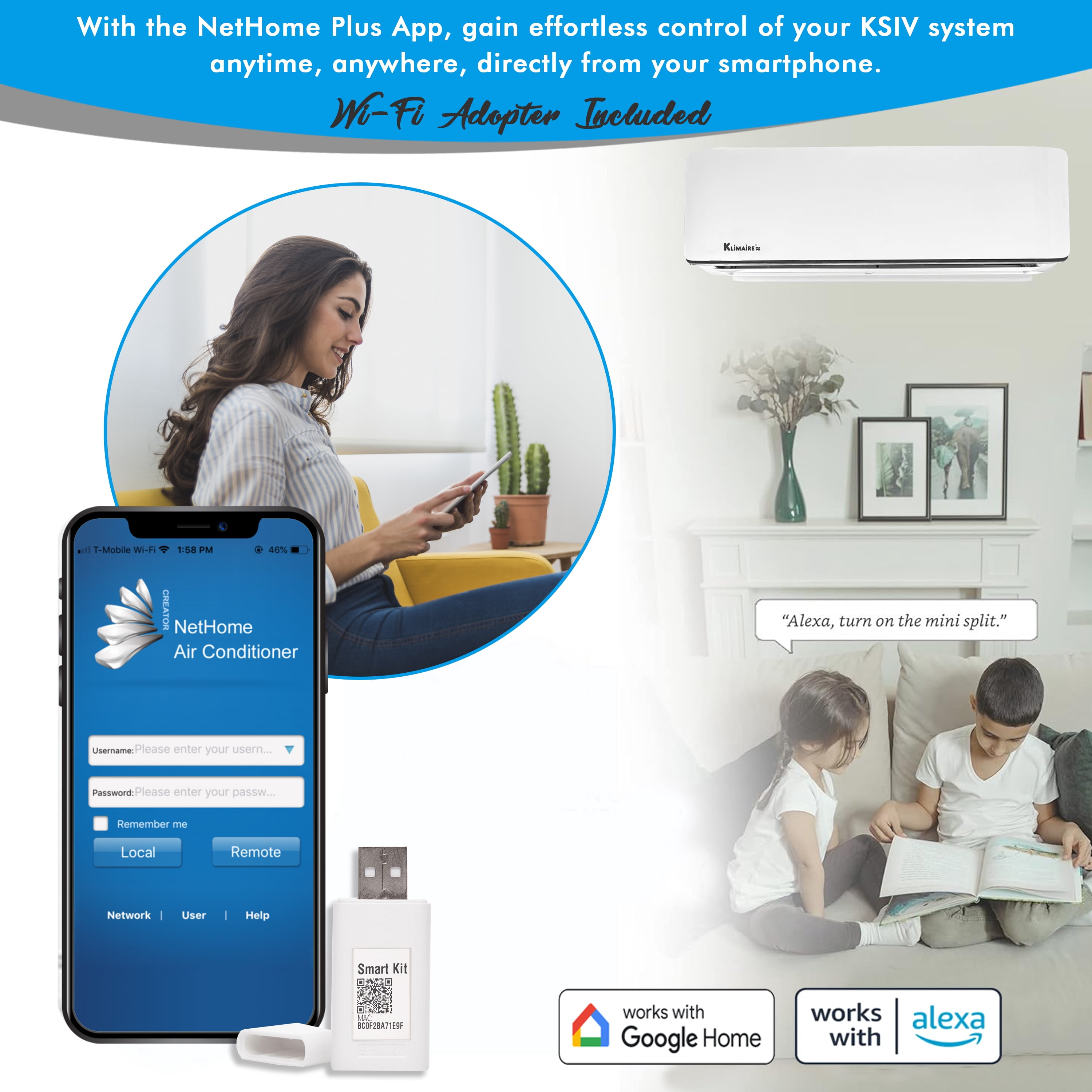 Klimaire 18,000 BTU 19 SEER2 Ductless Mini-Split Heat Pump Air Conditioner with Installation Kit, Up to 1,000 Sq. Ft.