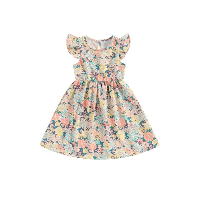 EYIIYE Robe Midi d'Été pour Petite Fille 1T-8T, Robe Trapèze à Manches Volantées pour Tout-Petit, Imprimé Floral, Col Rond, Robe Décontractée, Col Rond, Robe de Princesse à Fleurs pour Fête, Mode pour Enfants, Vêtements Mignons pour les Vacances