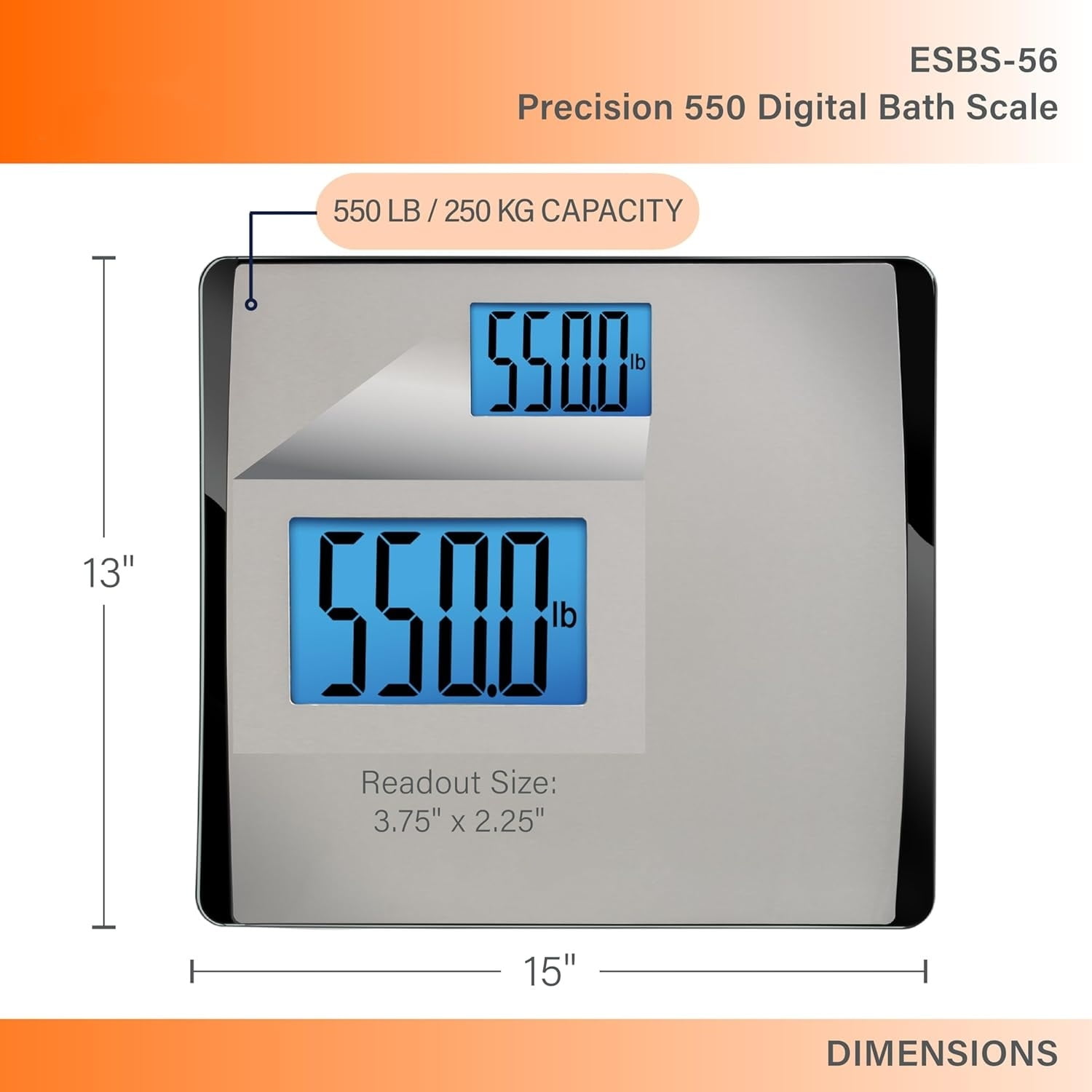 Precision 550 Pound Extra-High Capacity Digital Bathroom Scale, Extra-Wide Platform, Stainless Steel Body Weight Scale with Step-On Tech, Silver