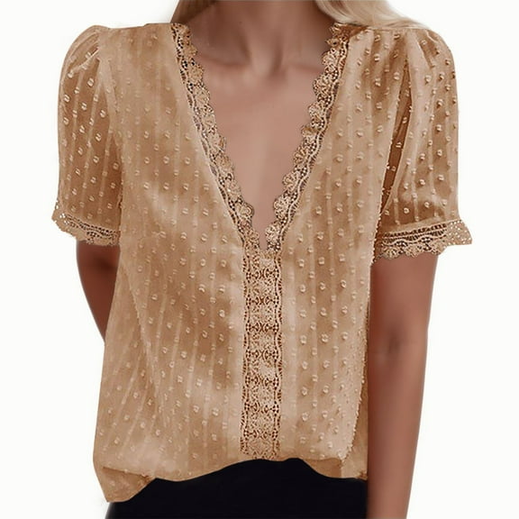 YOUSNH Top Short Lace Solid Sleeve V Neck Fashion Color Casual Women T Shirt Women's Blouse Womens Tops Beige XXXL
