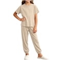 thumbnail image 3 of Bovxnpu Girls Sleepwear 2 Piece Loungewear Set Ribbed Short Sleeve Top and Elastic Cuffed Pants Loungewear Outfits Set, 3 of 7