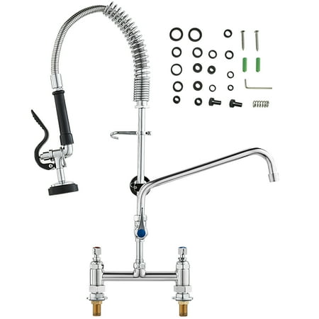 KFFKFF Deck Mounted Kitchen Faucet 26 Tall 8 Center Includes 12 Rotating Spout and Pre-Rinse Spray Brass Build Suitable for 1/2/3 Section Sinks with Pull-Down Feature