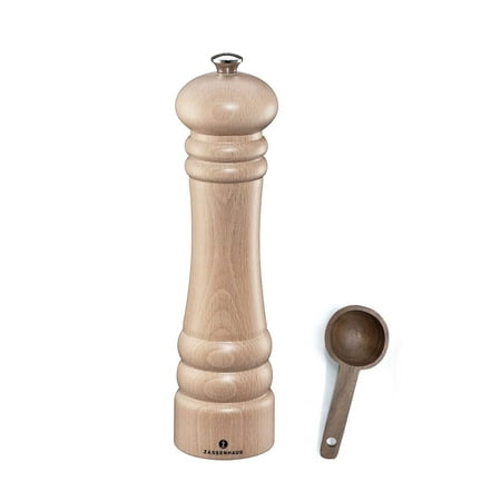 Zassenhaus Berlin Natural Wood Pepper Mill Gift Set, Refillable Grinder, 9.4 Inches - With Wooden Spice Scoop