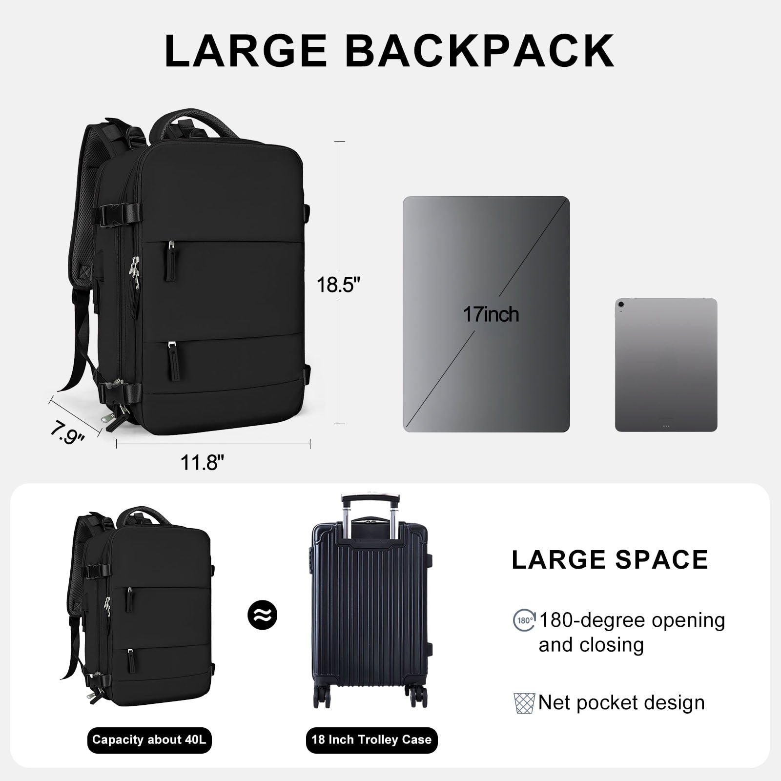 DAKIMOE Large Travel Backpack for Women Men Laptop Bag Airline Approved Carry On Backpacks Waterproof Anti Theft Gym Bags Hiking Flight Approved Luggage Casual Daypack, Large, Black