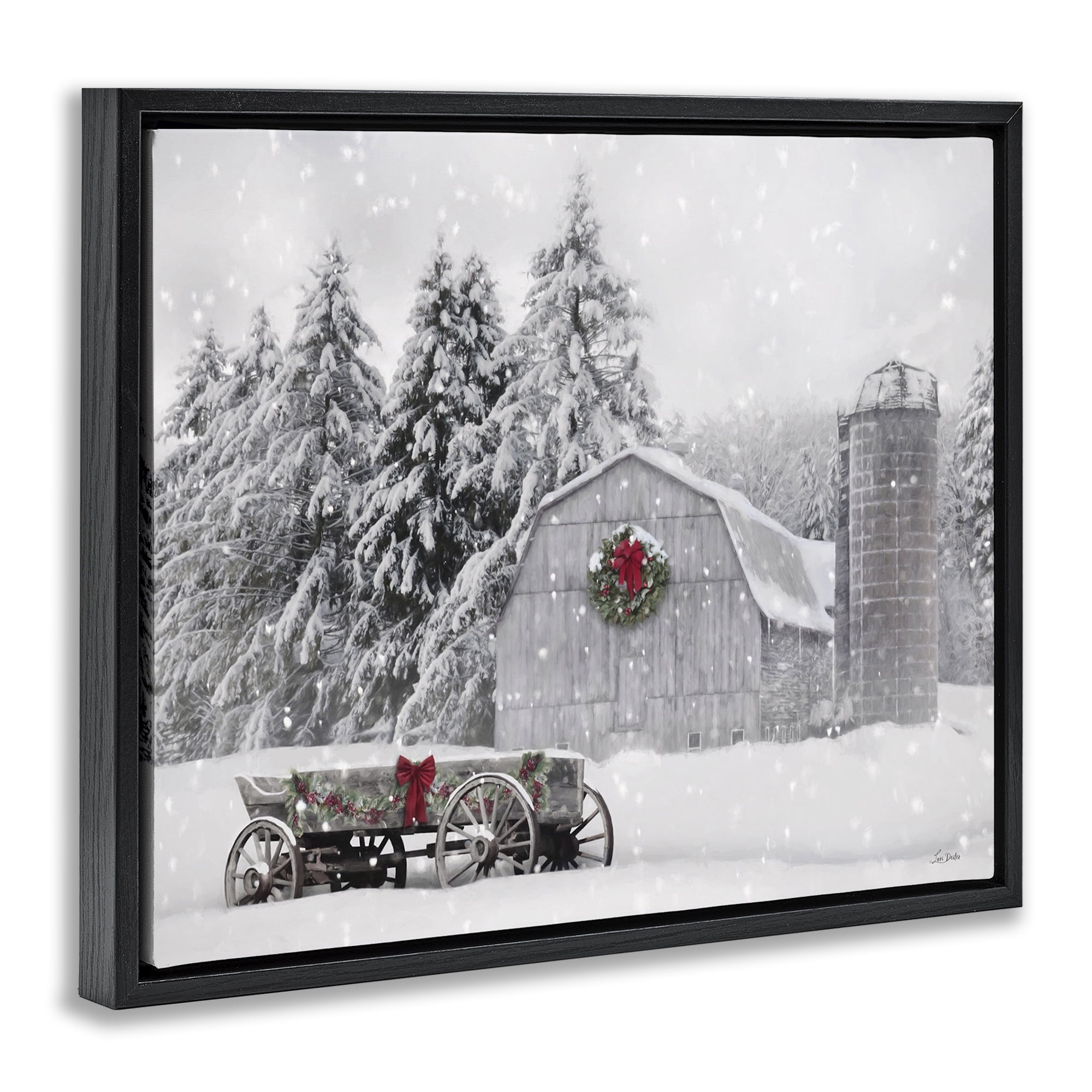 Stupell Industries Snow Covered Farmland Holiday Painting Black Floater Framed Canvas Art Prints Wall Art, 21 x 17