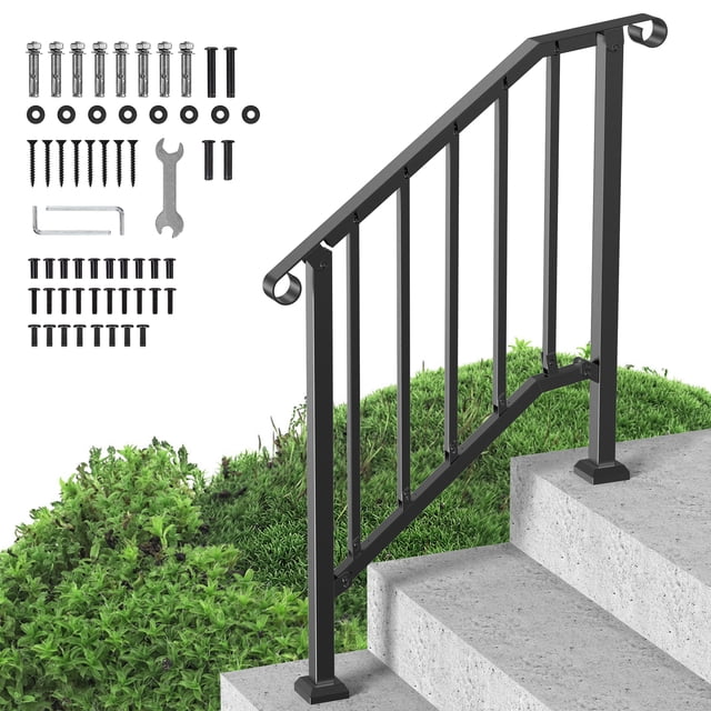 VEVOR 2-3 Rampes à Marches pour l'Extérieur pour Aînés Porche Terrasse Arche Rétro Noire. une Main Courante en Acier au Carbone Noire au design d'Arche Rétro, angle Ajustable de 5° à 40°, et Convient à 2-3 Marches. Comprend la Quincaillerie de Montage Telle Que des Boulons d'Expansion, des Vis et des Clés pour une installation Polyvalente sur des surfaces en Béton, Bois, Tuile Ou Marbre. Idéal pour la Quincaillerie d'Escalier et la Sécurité du Porche, Améliorant la Stabilité et le style des Escaliers