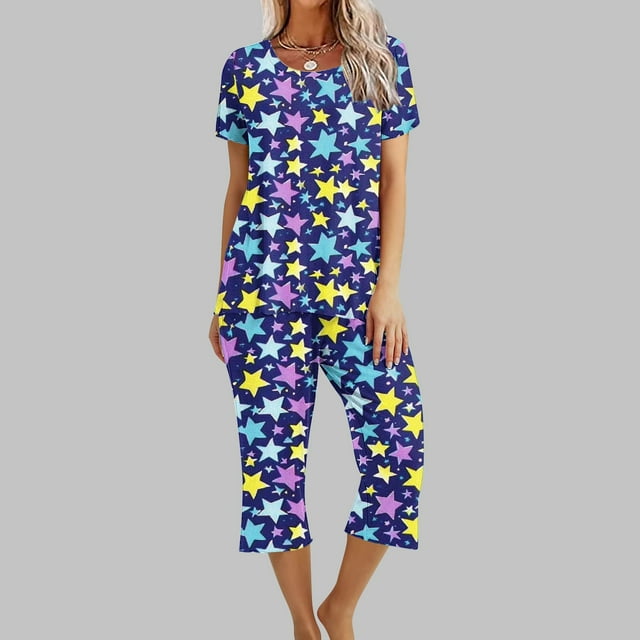FAFWYP Pyjama pour Femmes, Ensembles de Pyjamas en Doux Coton, Hauts à Manches Courtes à Col Ras du Cou et Pantalons Capri, Tenue de Nuit Ensembles 2 Pcs, P-3TG
