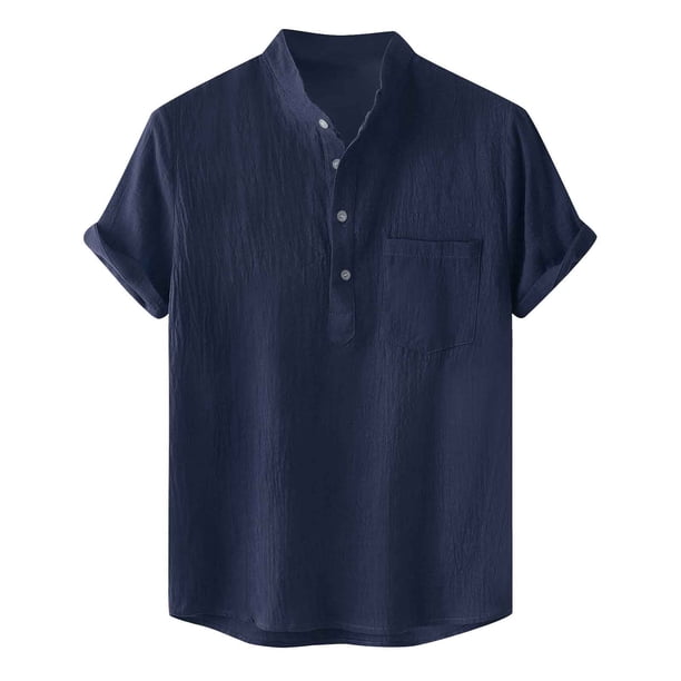 Hombres Casual Botones sólidos Playa Jersey Cuello alto Camisa de manga corta Blusa Pompotops oipoqjl46571