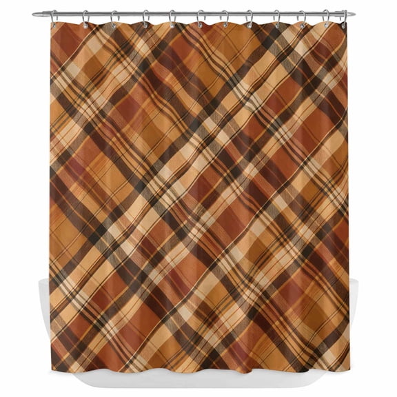 Orange Buffalo Plaid Shower Curtain - Water Repellent Fabric Shower Curtains Washable, Fall Thanksgiving Checkered Decorative Polyester Cloth Bathroom Curtains Modern Bath Decor 72"x72"