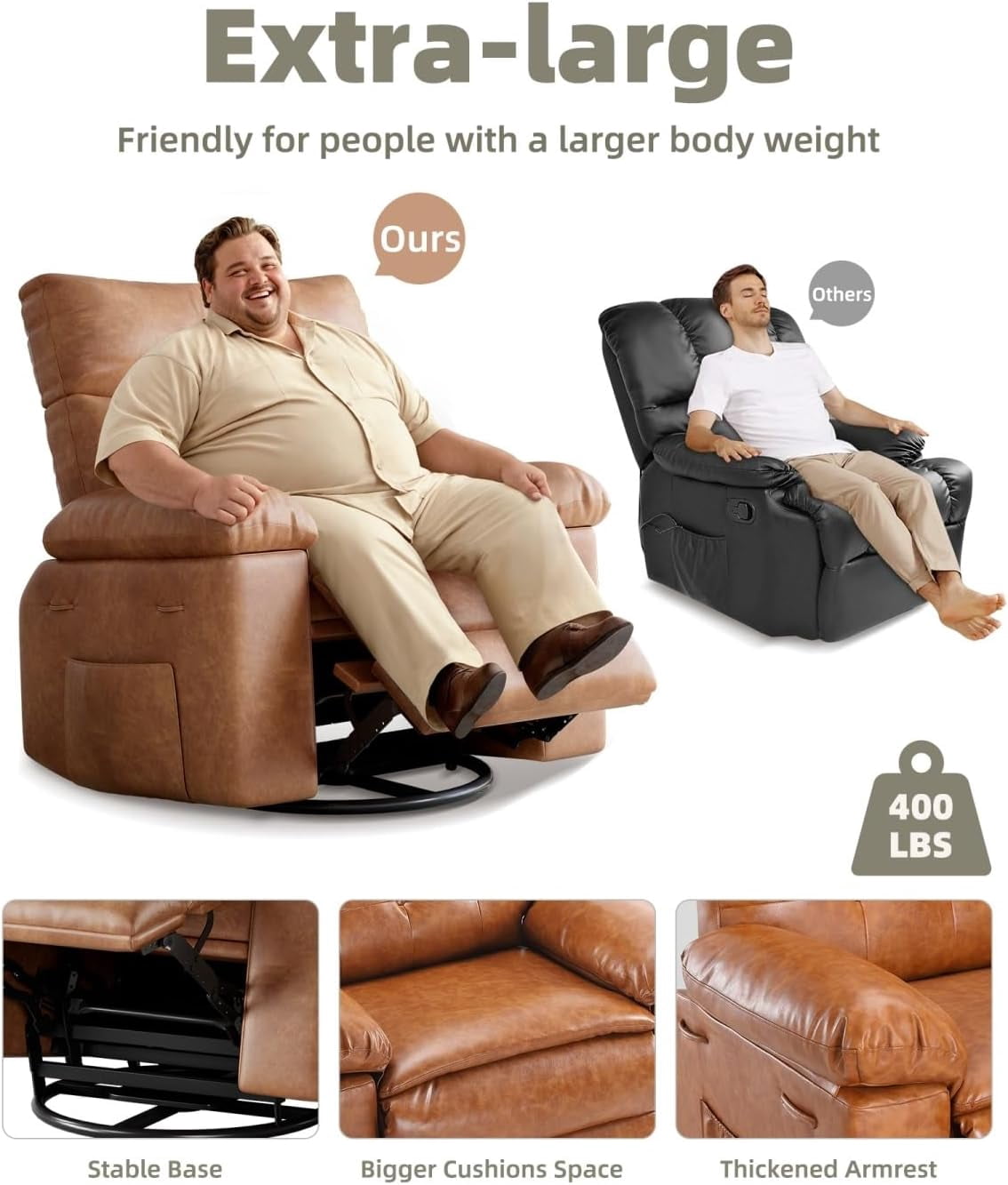 EastVita Oversized Recliner Chairs with Heat and Massage - 360 Swivel Lazy Boy Recliner Chair for Adults - Manual Rocking Chair with Remote Control for Living Rooms/Bedrooms and Nurseries - Creamy