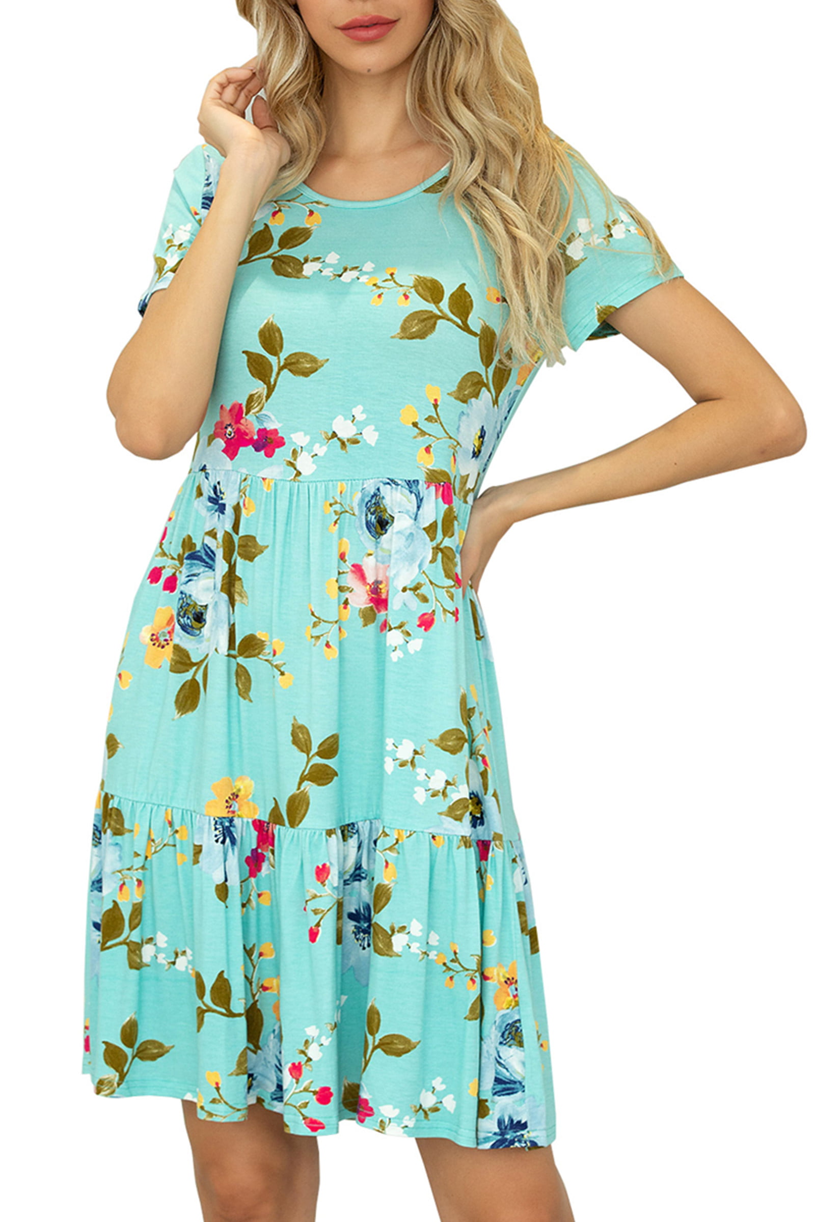 CALIPESSA Womens Summer Tiered Layer Green Floral Print Short Dress ...