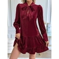 thumbnail image 5 of Female Loose Fit Bow-Tie Neck Long Sleeve Velvet Mini Babydoll Dresses Shift Dress Wine Red M, 5 of 10