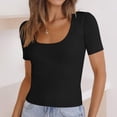 thumbnail image 2 of Penkiiy Women's Short Sleeve Square Neck Ribbed Knit Pullover Slim Fit Basic T Shirt Tops L Black, 2 of 8