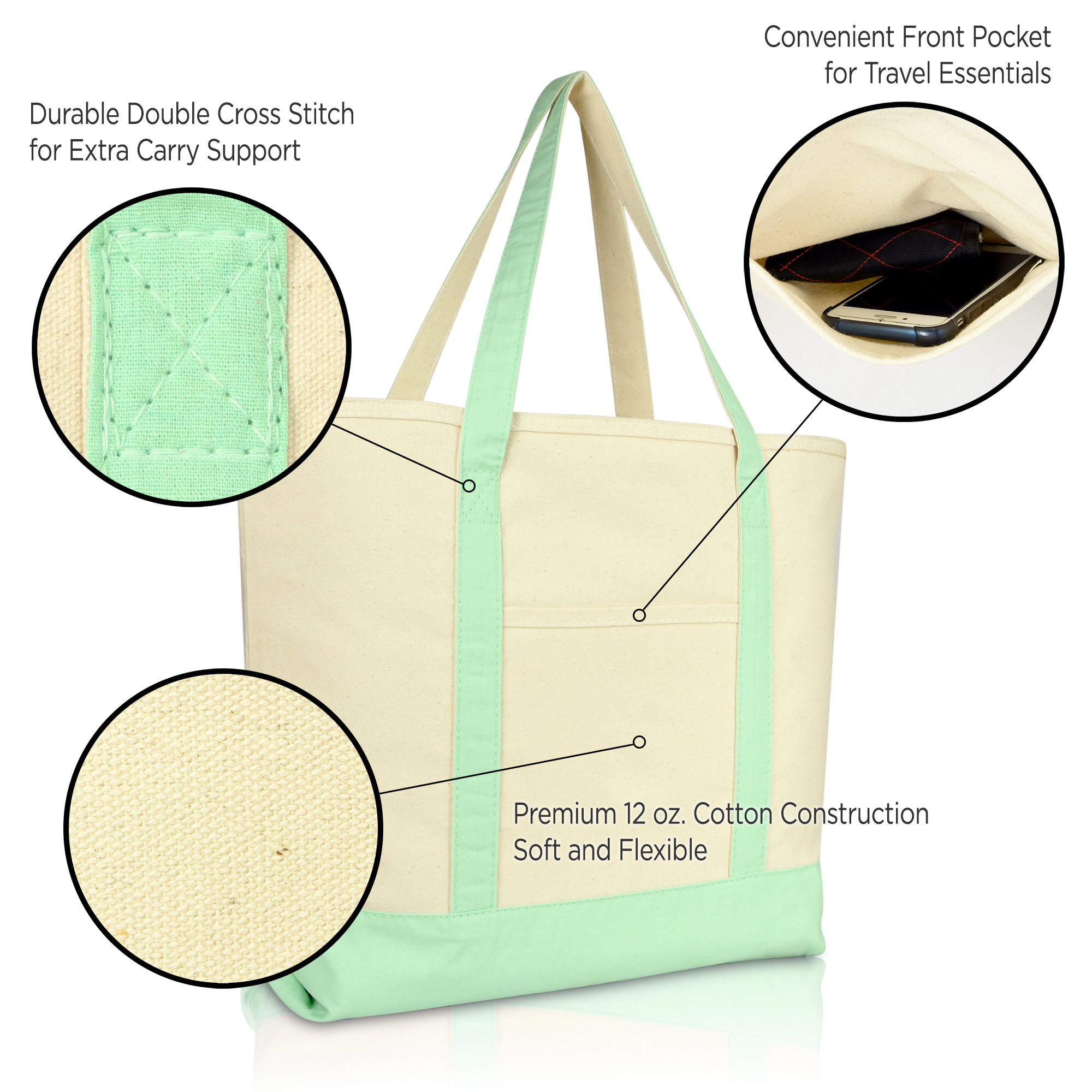 DALIX 22" Extra Large Cotton Canvas Zippered Shopping Tote Grocery Bag in Mint Green - image 3 of 6