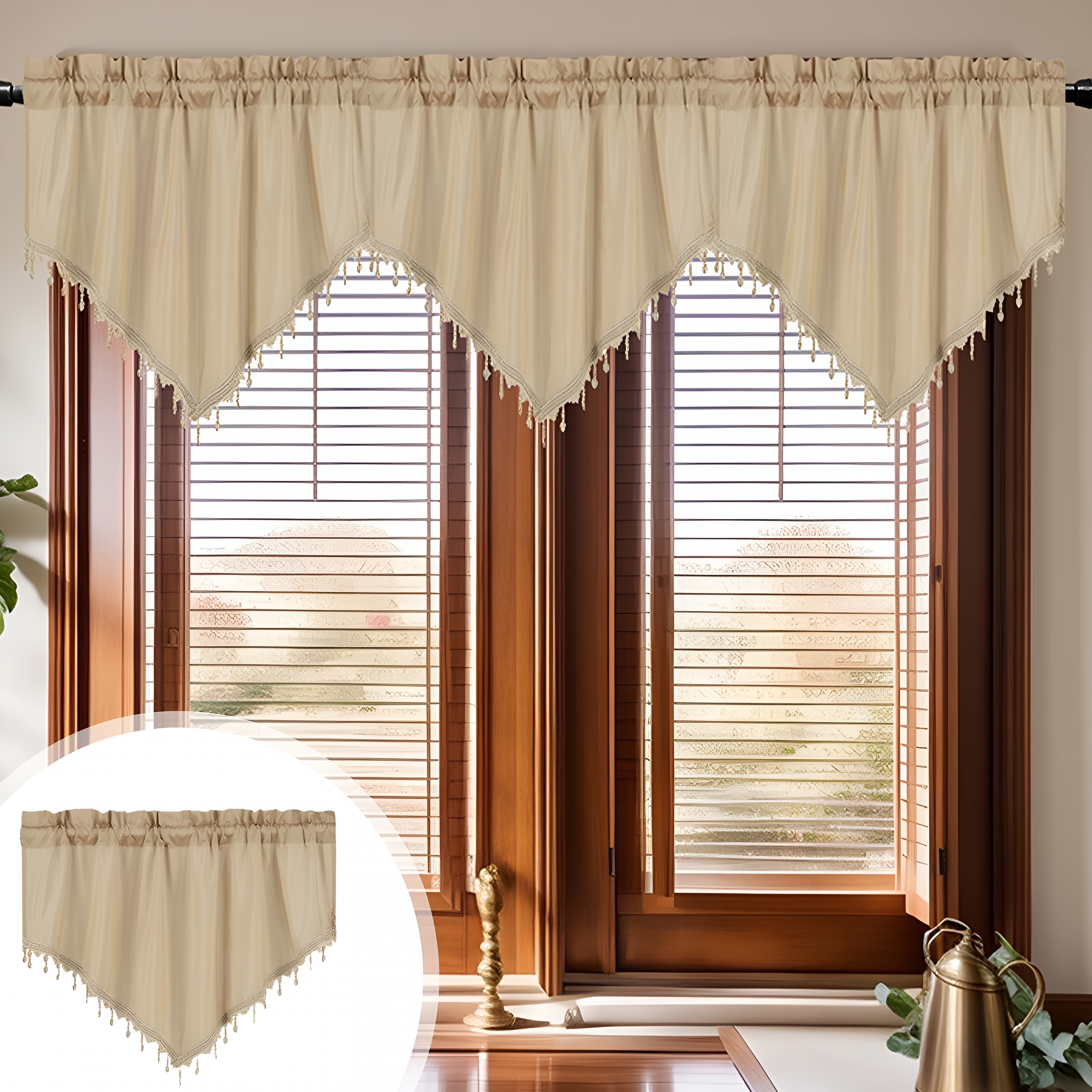 AUQ 2026 New Window Valances Curtains for Kitchen,Rod Pocket Triangle Farmhouse Valance Beads Trim Tassel Curtain Valances for Bedroom Bathroom Cafe,51 X 23" Length