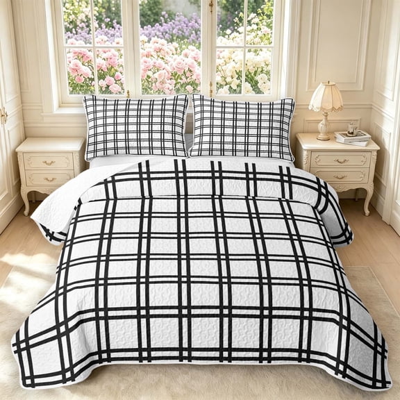 Manfei Modern Plaid Twin Quilt Set,Contemporary Checkered Twin Coverlet Set,White Black,2pcs,1 Bedspread and 1 Pillowcase