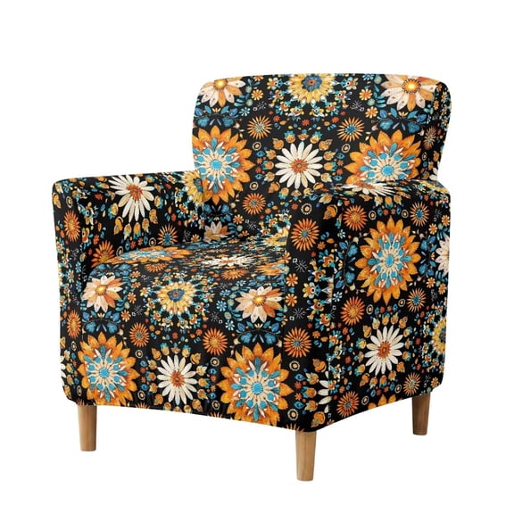 SCRAWLGOD Stretch Chair Cover Non Slip Armchair Slipcover Couch Protector with Elastic Bottom for Kids, Dogs, Pets, Boho Mandala Floral Orange Blue