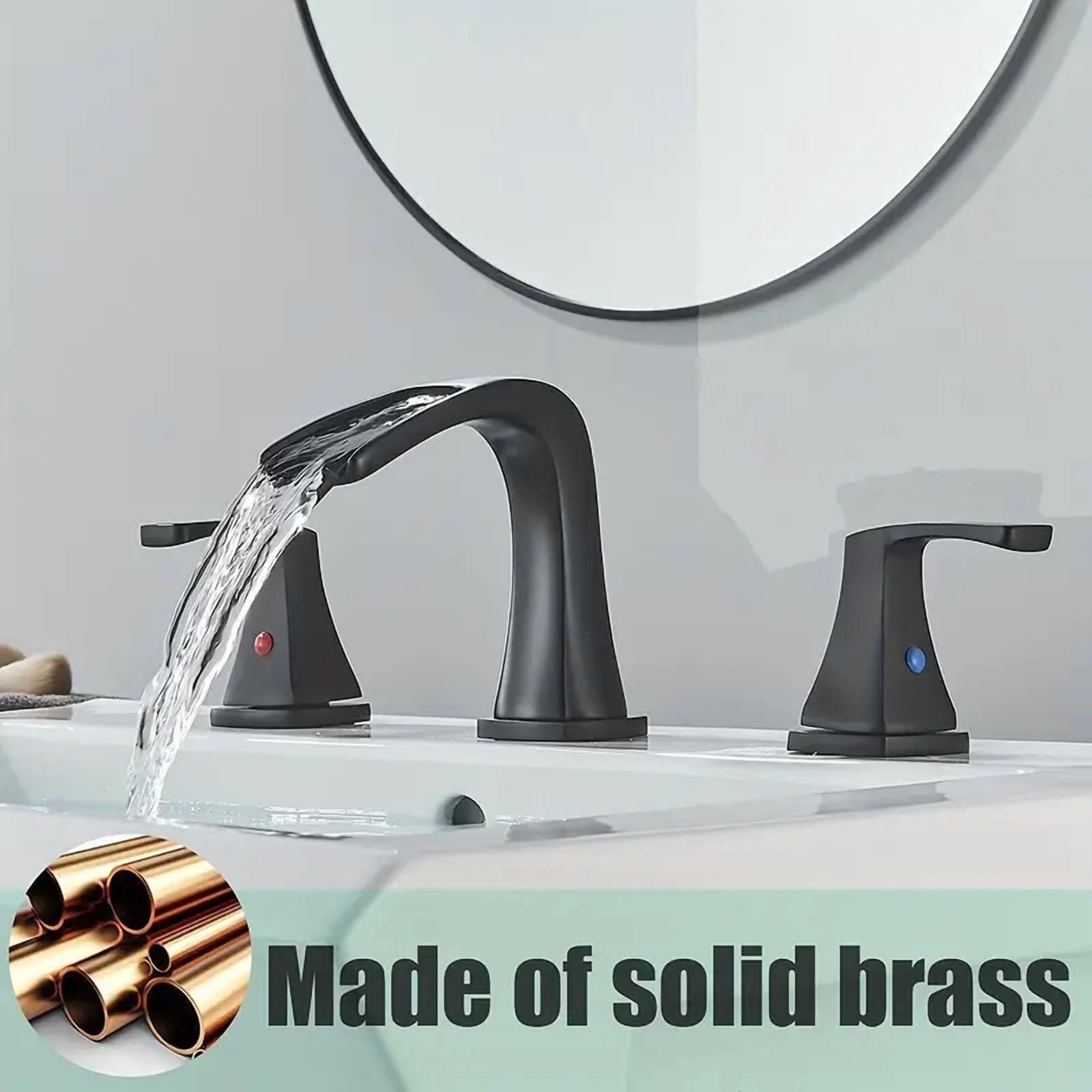 8" Widespread Bathroom Sink Faucet 3holes 2 Handle Waterfall Mixer w/Drain Black