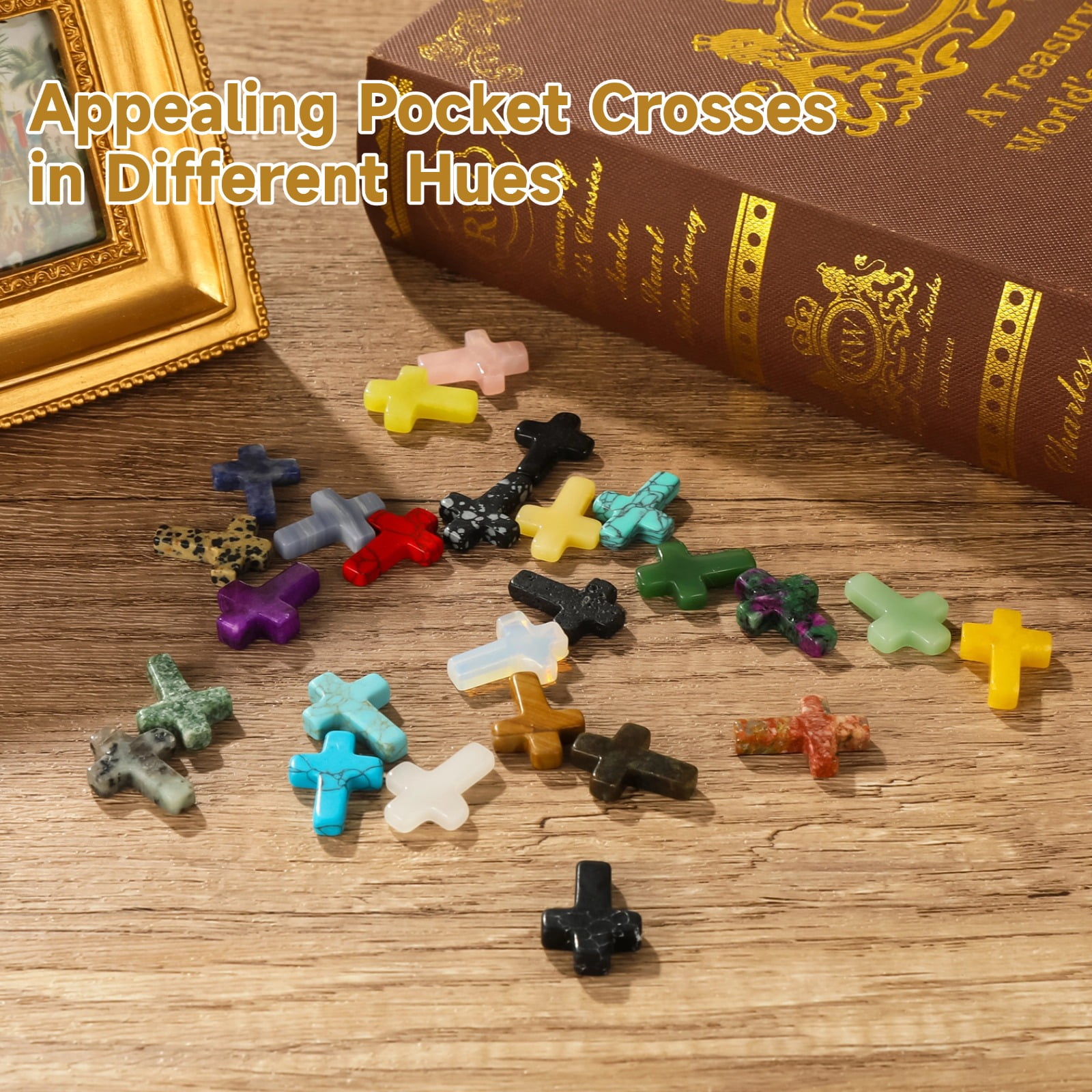 50 PCS Pocket Crosses Bulk Set, Natural Stone Mini Cross Charms for DIY Jewelry, Random Colors Pocket Crosses, Elegant Polished Stone Pendant for Crafting and Presents