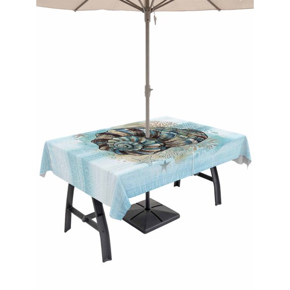Outdoor Tablecloth with Umbrella Hole for Patio/Picnic/Party/Camping, Ocean Conch Waterproof Table Cloth Rectangle Table Cover Washable, Vintage Coastal Marine Starfish Coral Ombre Blue (54"x 80")