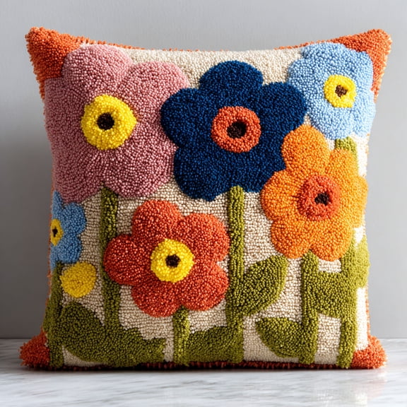 Latch Hook Pillow Kit Colorful flowers Cross-stitch Embroidery Cushion Handmade Pillow Cover Cushion 17x17in