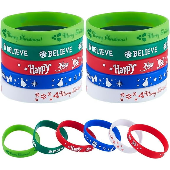 30Pcs 5Colors Christmas Silicone Bracelet Rubber Wristbands Xmas Wristbands Bulk Stretch Plain Silicone Elastic Bracelet for Adult Stocking Stuffers Christmas Teams Party Gifts 2.4x0.5InchMixed Color