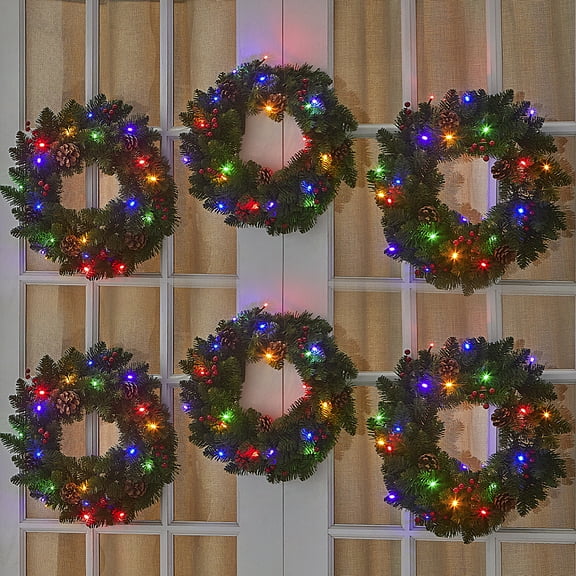 BrylaneHome Set of 6 Pre-Lit 18 inch Christmas Wreaths with 20 Warm Lights & Timer Function, Arrow-Tip, Pre-Decorated, Cordless, No Outlet Required