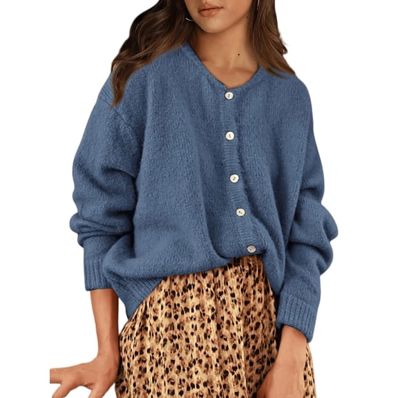 Gynyvoja Long Sleeve Crewneck Button Down Womens Sweaters Spring Open Front Chunky Cardigan for Women Blue M