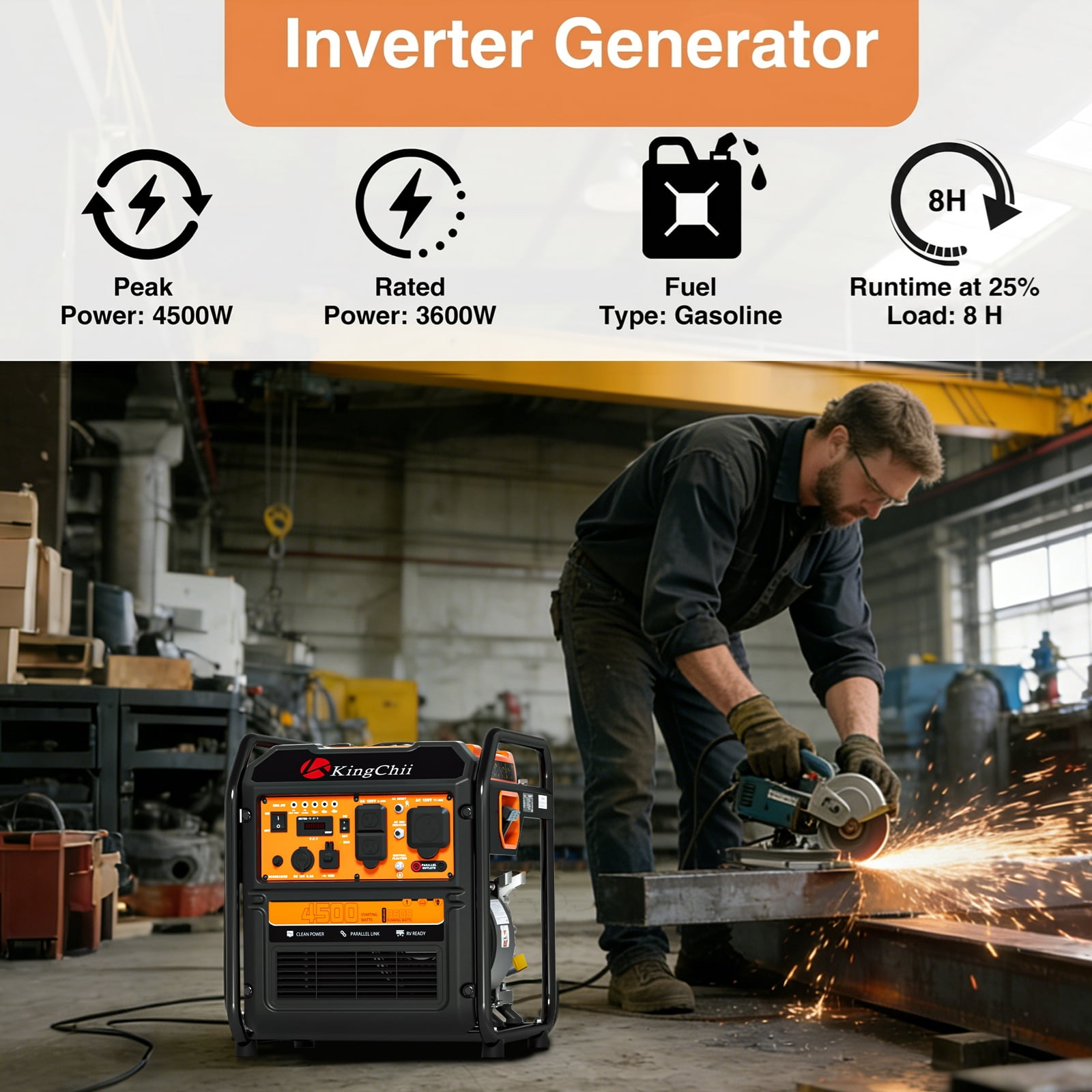 KingChii 4500W Inverter Generator Gas Powered, CO Sensor, ECO Mode, 30A RV Ready Outlet, Portable Outdoor Power Equipment for Camping & Home Backup, EPA Compliant