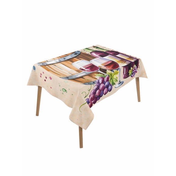 Vintage Watercolor Wine Table Cloth, Farmhouse Cask Grapes Country Waterproof Tablecloth for Rectangle Tables, Reusable Washable Fabric Table Cover for Restaurant Kitchen Dining Tables 60"x84"