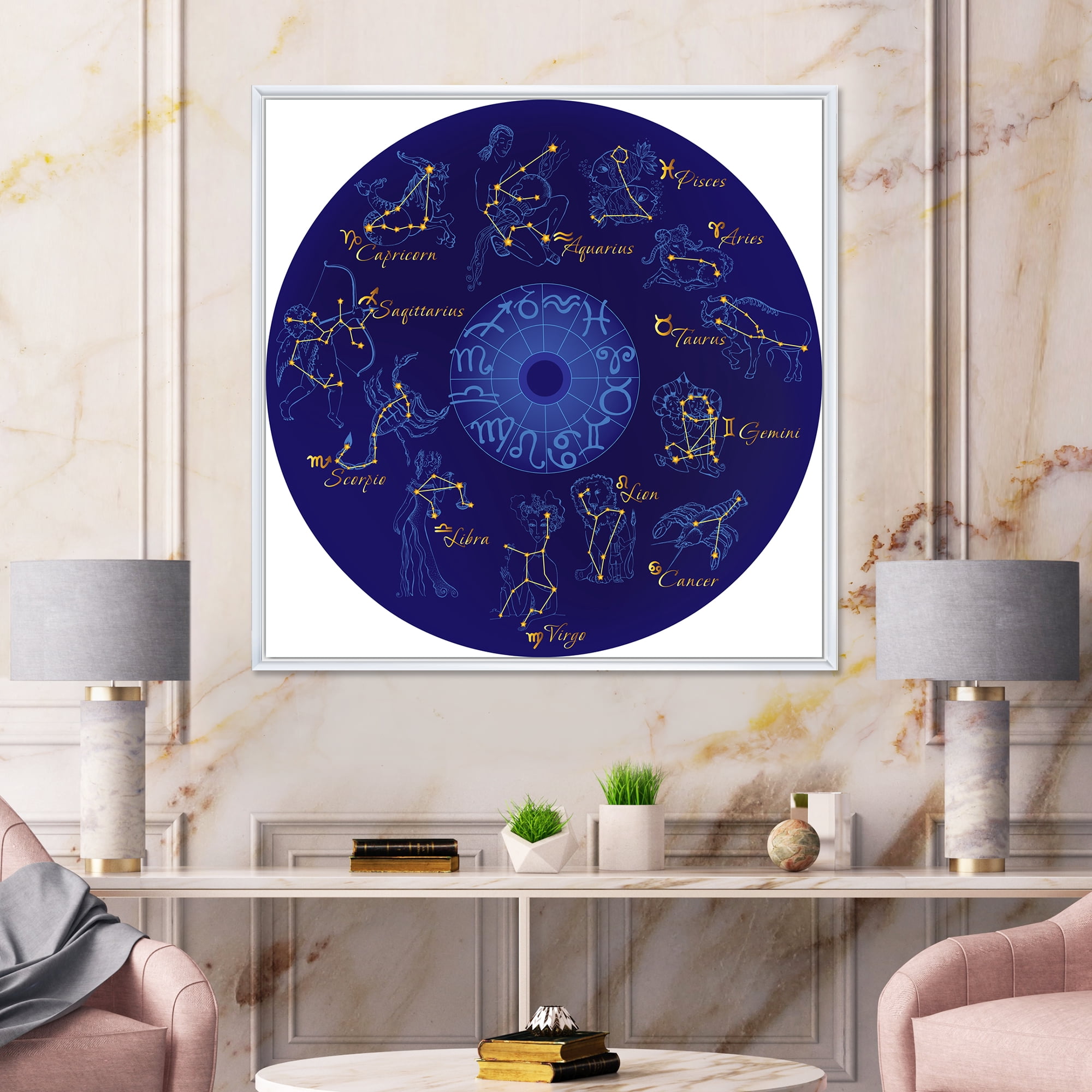 Designart 'Zodiac Signs and Zodiac With Constellations' Modern Framed Canvas Wall Art Print