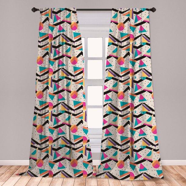 Vintage Curtains 2 Panels Set, Vintage 80s Style Geometrical Pattern