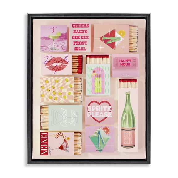 Glam Cocktails Retro Matches Black Framed Floater Canvas Wall Art, design by Lil' Rue