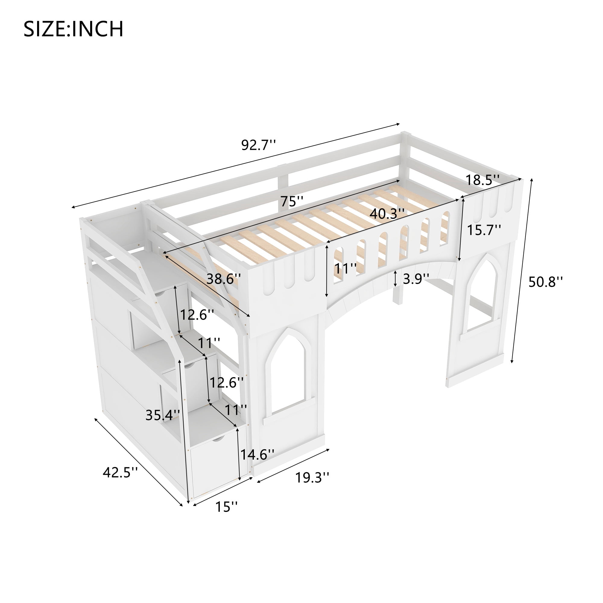 Euroco Wood Twin Size Loft Bed, Castle House Bed with Storage Staircase, White