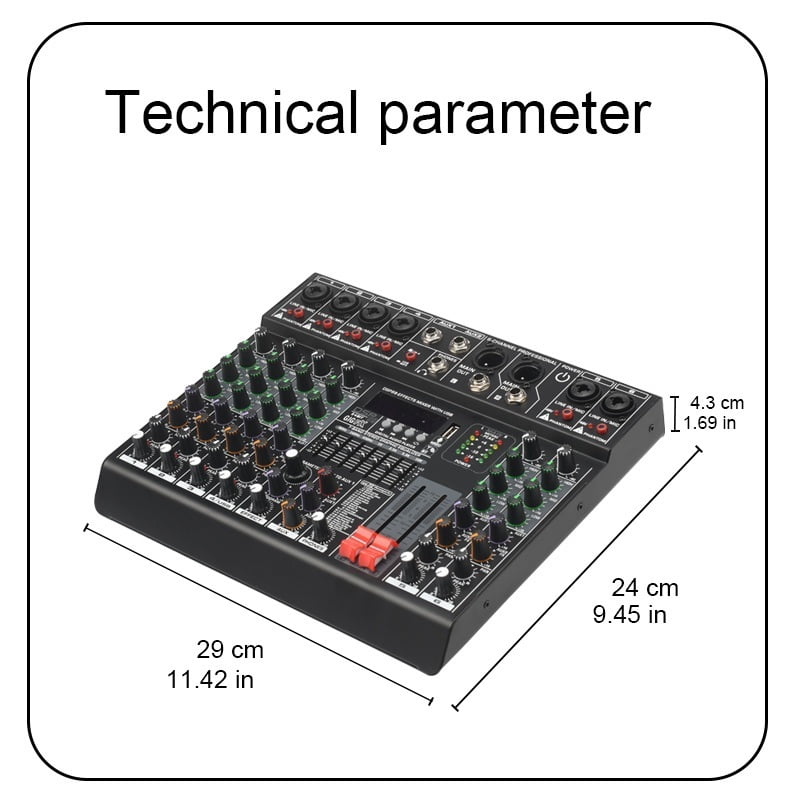 6 Channel Mixing Console 99 Effect 7 Band EQ Sound Mixer USB PC Record Bluetooth AUX DJ Controller