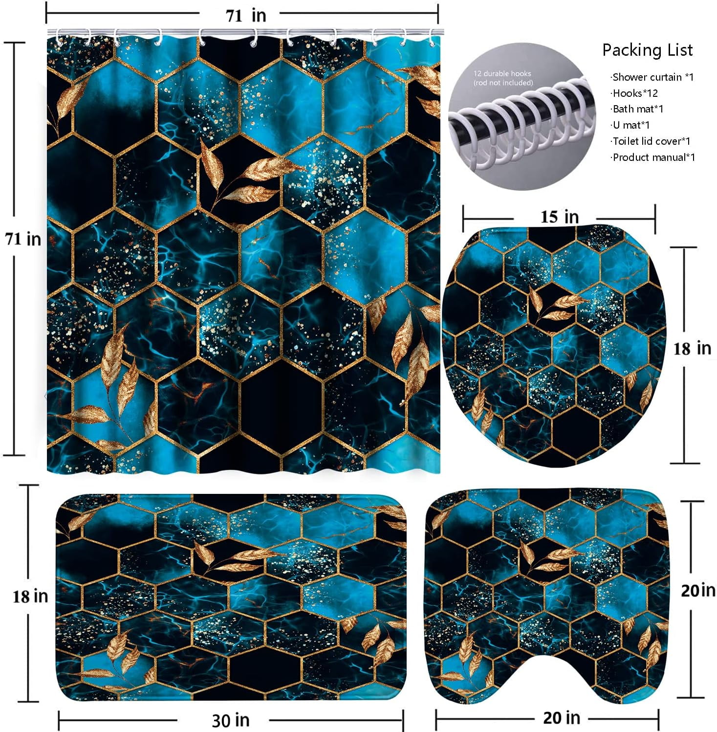 4 Pcs Bathroom Shower Curtain Set,Bathroom Sets with Rugs(Bath Mat,U Shape and Toilet Lid Cover Mat) and 12 Hooks,Sky Blue Honeycomb Marble
