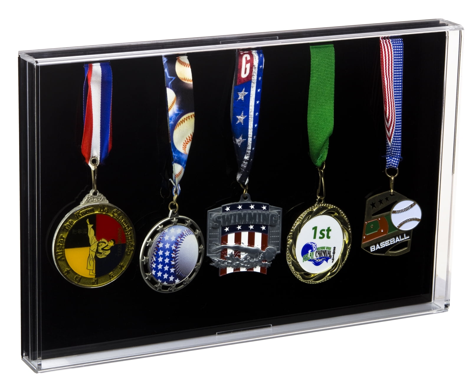Deluxe Acrylic Five (5) Medals or Ribbons Award Display Case with Wall